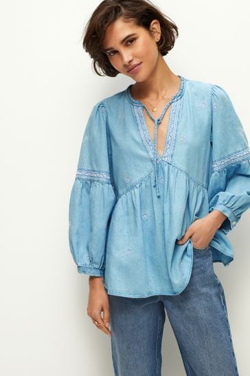 Blue Embroidered Tie Neck Blouse