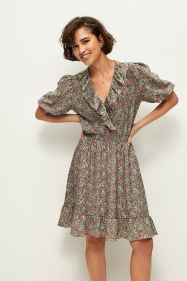 Khaki Green Floral Print Mini Short Sleeve Frill Dress