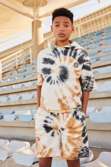 White/Pewter Silver Short Sleeve Tie Dye Hoodie and Shorts Set (3-16yrs)