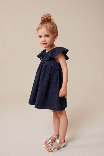 Navy Blue Cotton Broderie Dress (3mths-8yrs)