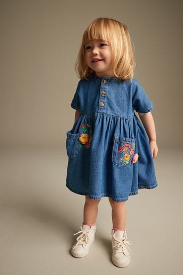 Blue Denim Embroidered Relaxed Cotton Dress (3mths-8yrs)
