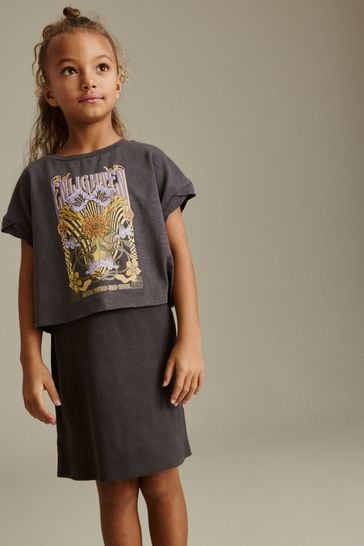 Charcoal Grey Retro Floral Graphic 2-in-1 Rib Dress And T-Shirt (3-16yrs)