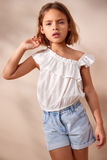 White One-Shoulder Frill Blouse (3-16yrs)