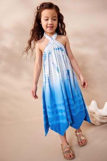 Blue/ White True Tie Dye Halterneck Jersey Dress (3-16yrs)