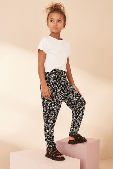 Black/ White Floral Print Jersey Stretch Lightweight Trousers (3-16yrs)