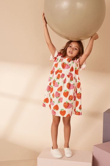 Cream Strawberry Print Short Sleeve Cotton Jersey Dress (3-16yrs)