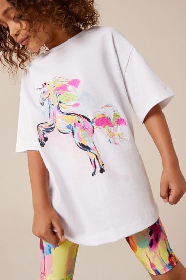 Ecru White Rainbow Unicorn Oversized T-Shirt and Cycle Shorts Set (3-16yrs)