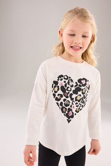 Ecru White Long Sleeve Sequin Heart T-Shirt (3-16yrs)