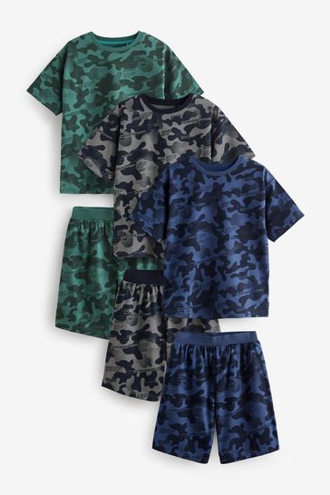 Blue/Grey/Green Camouflage Short Pyjamas 3 Pack (3-16yrs)