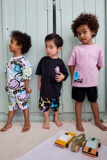 Black/Purple/Blue Smile Short Sleeve 3 Pack Pyjama Set (9mths-12yrs)