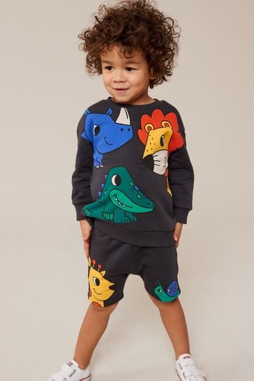 Charcoal Grey Animal Placement Character Jersey Sweatshirt and Short Set (3mths-7yrs)