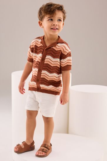 Brown/Cream Crochet Pattern Short Sleeved Polo Shirt (3mths-7yrs)