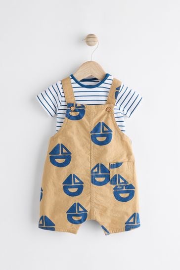 Brown/Navy Boat Baby Woven Dungarees and Bodysuit Set (0mths-2yrs)
