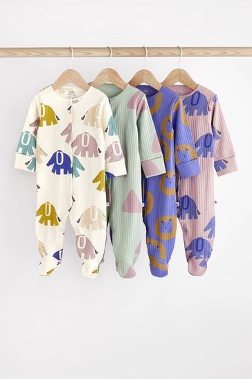 Blue Elephant Print Baby Sleepsuit 4 Pack (0mths-2yrs)