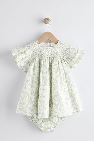 Green Ditsy Floral Woven Baby Dress And Knicker Set (0mths-2yrs)