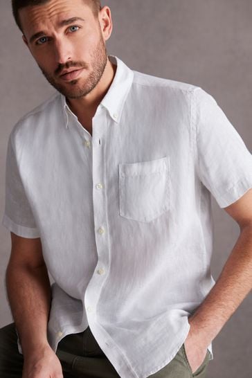 White Standard Collar Signature 100% Linen Short Sleeve Shirt