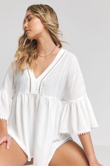 Simply Be Cream Textured V-Neck Ruffle Smock Top