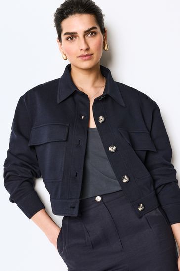 Navy Blue Twin Pocket Utility Button Front Smart Jersey Jacket