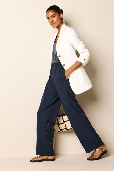 Navy Blue Elasticated Back Wide Leg Trousers