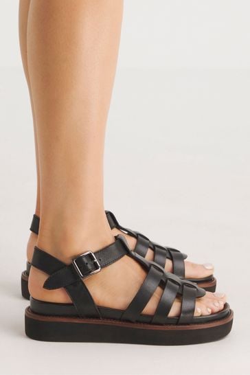 JD Williams Leather Fisherman Black Sandals In Wide Fit