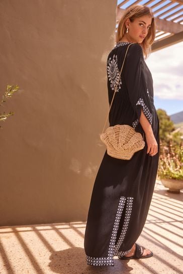Black/White Maxi Embroidered Kimono Cover-Up