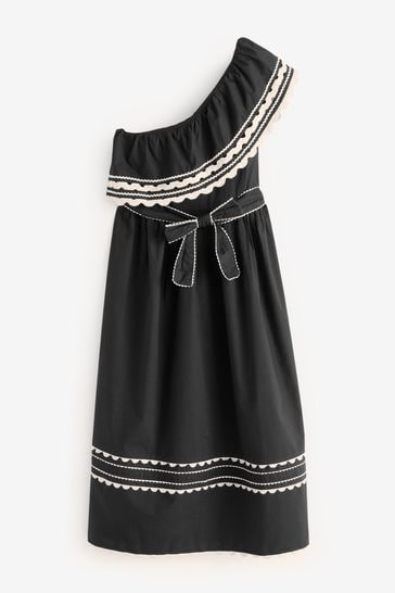 Black/White One Shoulder Rik Rak Summer Belted Dress