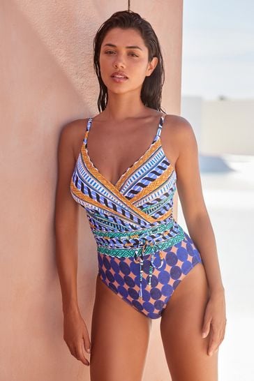 Blue Geo Print Belted Wrap Plunge Tummy Shaping Control Swimsuit