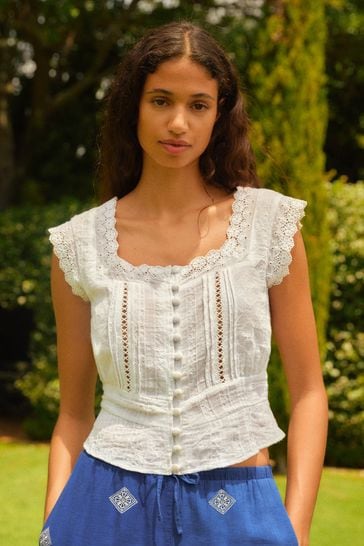 White Short Sleeve Broderie Square Neck Top