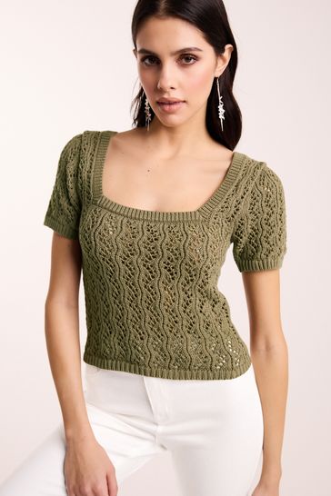 Khaki Green Square Neck Stitch Detail Short Sleeve Knitted Top