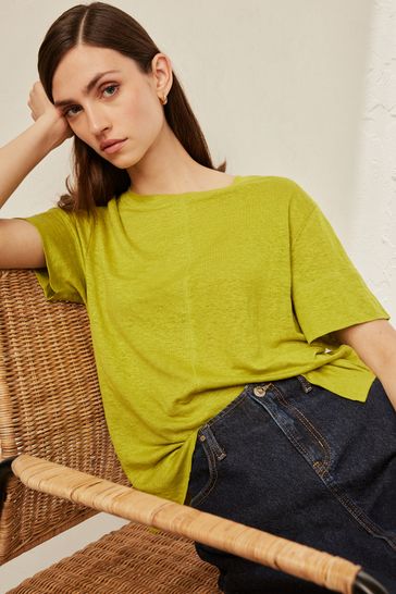 Lime Green Premium 100% Linen Crew Neck Short Sleeve T-Shirt