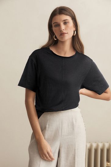Black Premium 100% Linen Crew Neck Short Sleeve T-Shirt