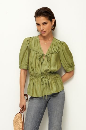 Buy Green Tie Front Tiered Textured Short Sleeve Blouse from Next USA