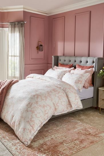 Pink Floral 100% Cotton Sateen with Organza Insert Trim Duvet Cover and Pillowcase Set