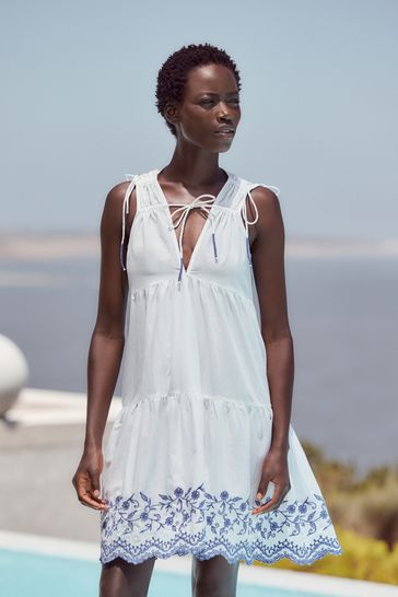 White/Blue Embroidered Hem Tiered Mini Dress
