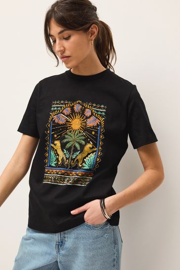 Black Palm Embellished Graphic Heavyweight Short Sleeve Crew Neck T-Shirt