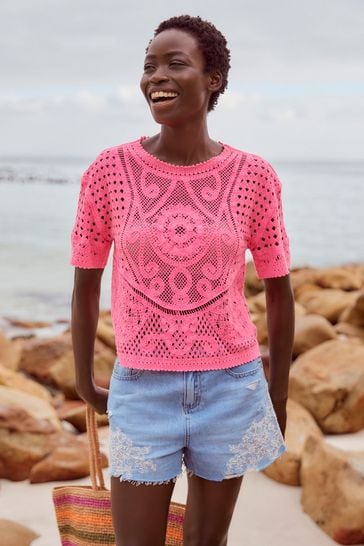 Fluro Pink Short Sleeve Crochet Crew Neck T-Shirt