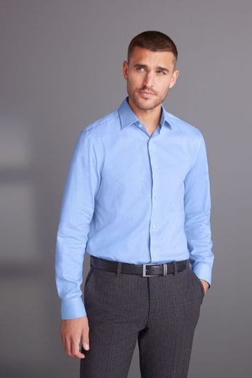 Blue Regular Fit Signature Textured Single Cuff Shirt With Trim Detail