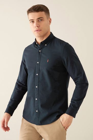 Navy Blue Slim Fit Next Long Sleeve Stretch Oxford Shirt