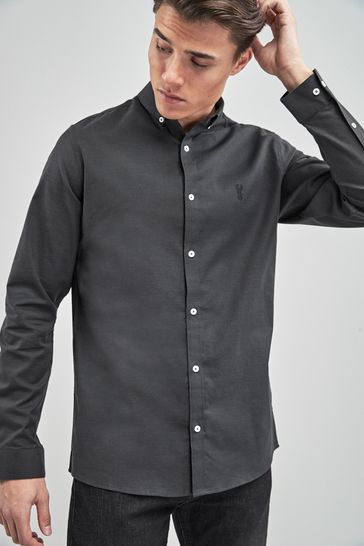 Charcoal Grey Slim Fit Next Long Sleeve Stretch Oxford Shirt