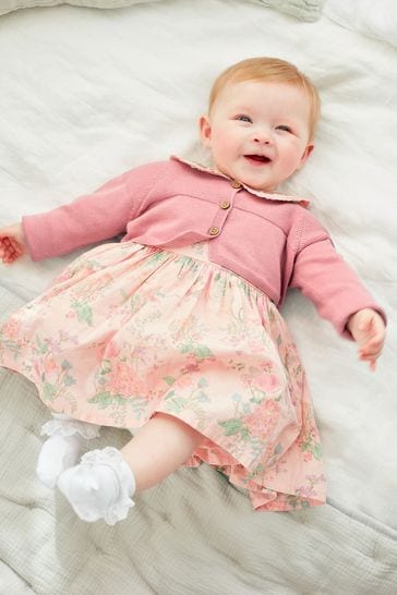 Pink Baby Woven Prom Dress and Cardigan (0mths-2yrs)