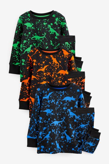 3 piżama Czarny Fluro z Paczka Snuggle z nadrukiem dinozaura (9m-cy-12lata)