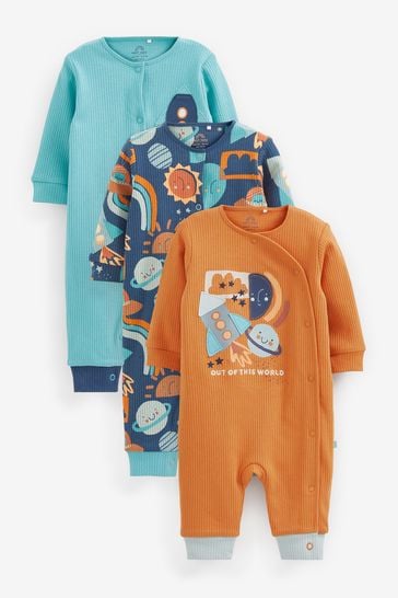 Pijama întreagă fără tălpi cu Portocaliu/Albastru Space Imprimeuri 3 Pachet (0 luni - 3 ani)