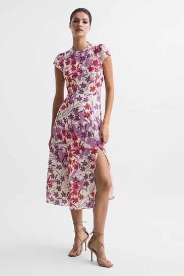 Reiss Pink/Purple Livia Printed Cut Out Back Midi Dress
