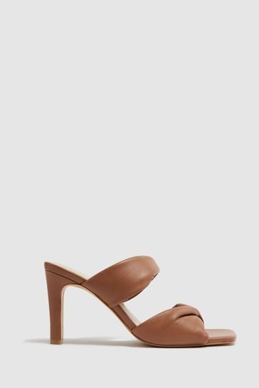 Reiss Tan Eliza Slip on Leather Sandal Heels