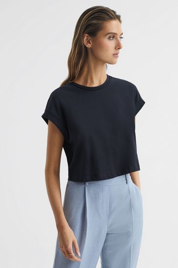 Buy Reiss Navy Terry Cotton Crew Neck Crop Top from Next United