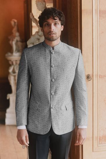 Silver Slim Nehru Collar Suit Jacket