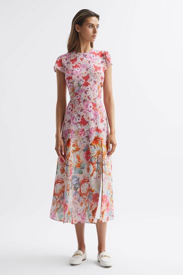 Reiss Pink Ivy Floral Print Midi Dress