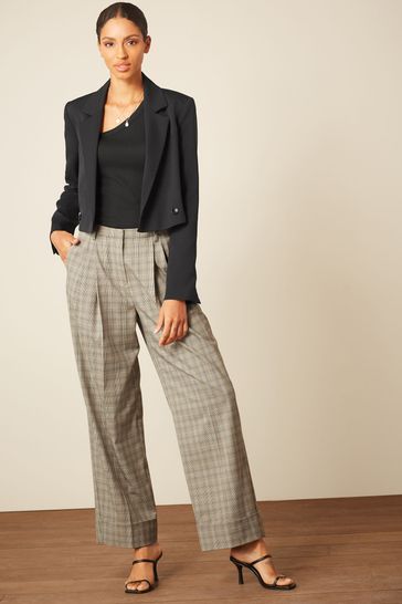 Brown Check Wide Leg Turn-Up Trousers