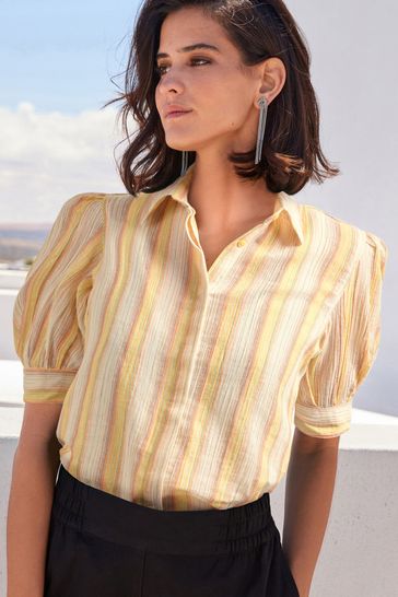 Yellow and Cream Metallic Stripe Short Sleeve Shirt