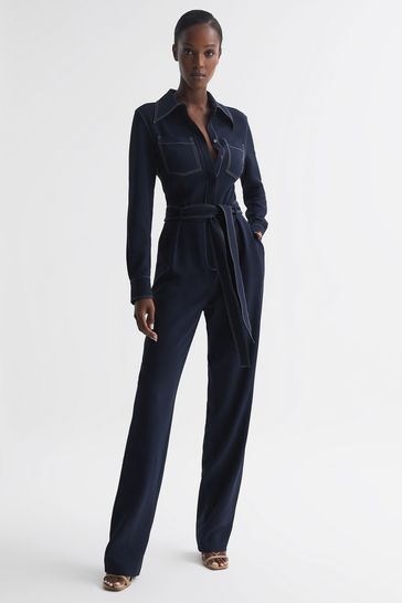 Reiss Navy Lara Fitted Jumpsuit